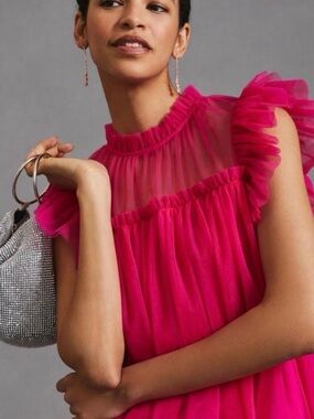 Anthropologie Hot Pink Ruffled Mesh Blouse